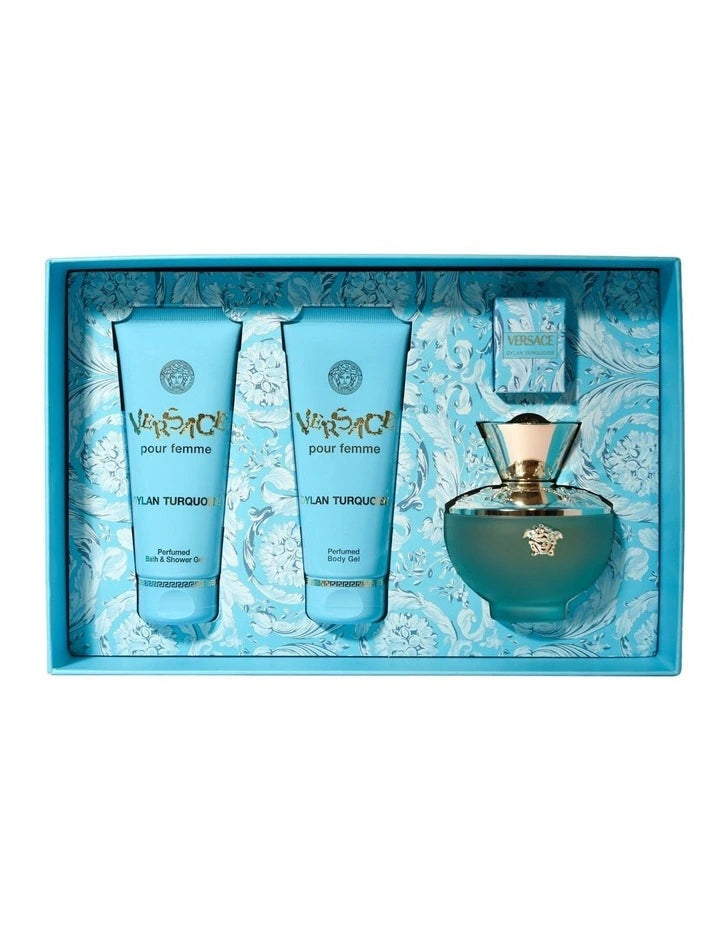 Versace Dylan Turquoise 100ml EDT Spray + 100ml Body Lotion + 100ml Shower Gel + Mini